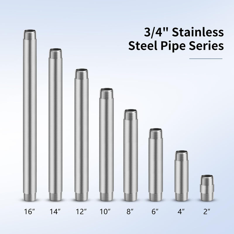 3/4"x8" 304 Stainless Steel Pipe, 3/4" NPTx 3/4" NPT Male Threaded Nipple, SCH40 Heavy Duty Pre-Cut Steel Pipe for Plumbing Gas, Hydraulic, and Industrial Applications(8", 6 Piece) 8 Inch
