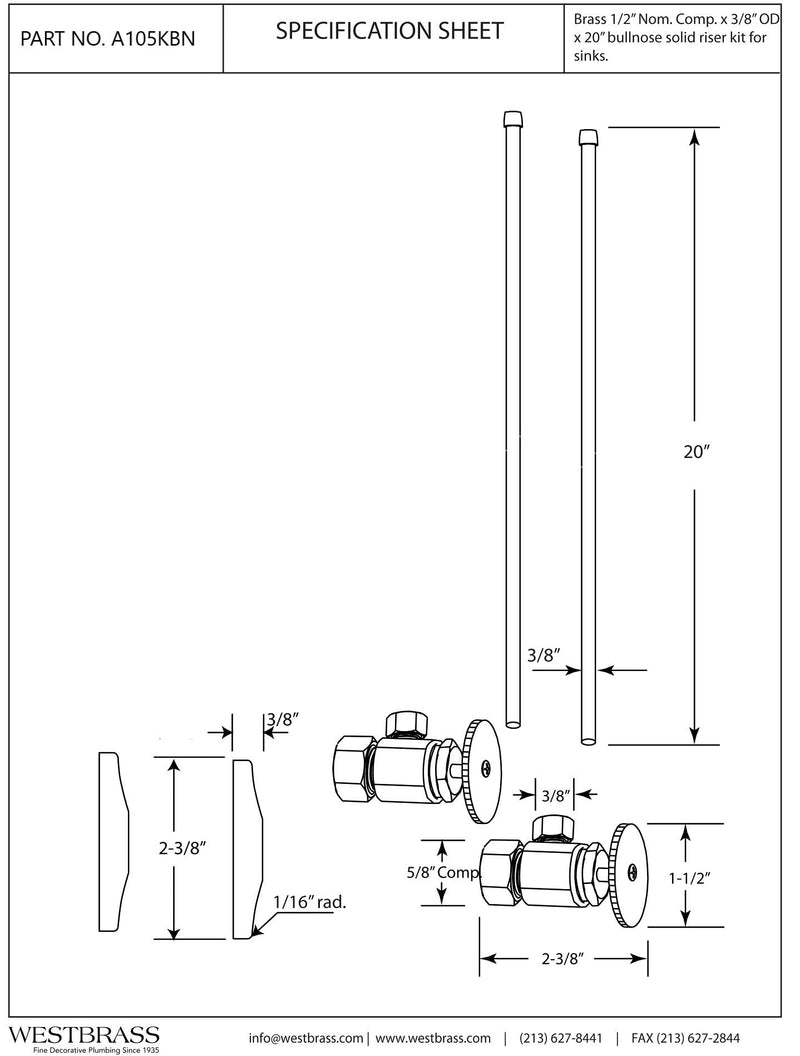 Westbrass A105KBN-62 5/8" x 3/8" OD x 20" Bullnose Riser Supply Line Kit with Round Handle Angle Supply Shut Off Valve for Faucet, Matte Black