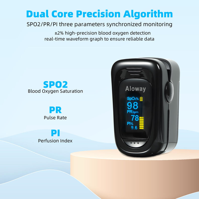Pulse Oximeter, OLED Display Oxygen Monitor Fingertip with Case, Blood Oxygen Saturation Monitor (SpO2) with Alarm, Batteries & Lanyard (Black) Black