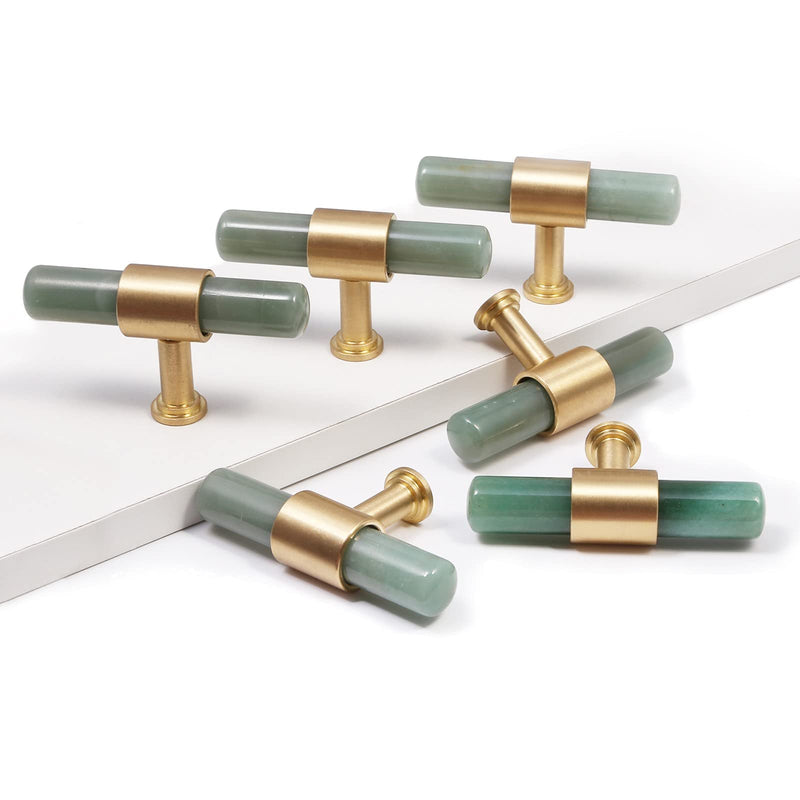TUMBEELLUWA Set of 2 Crystal Stone T Bar Pull Handles with Screws, Brushed Brass Single Hole Quartz Stick Hardware Cabinet Knobs for Dresser Cupboard Kitchen Decor, Green Aventurine