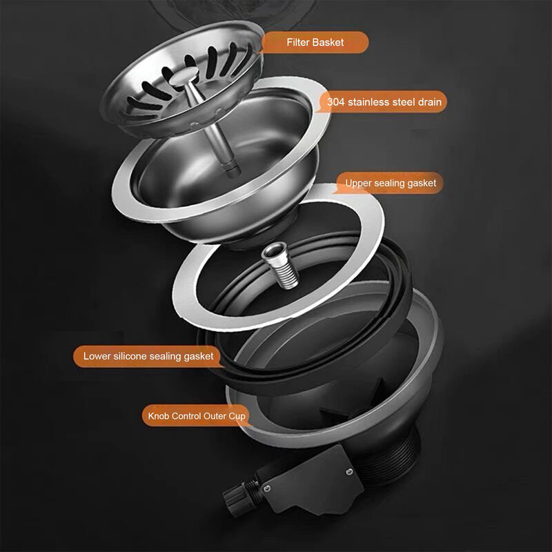 New 3-1/2 '' Kitchen Sink Drain Kit with Control Button Sink Drain Basket 304 Stainless Steel SinkStrainer Stopper for kitchens and bathrooms Grey