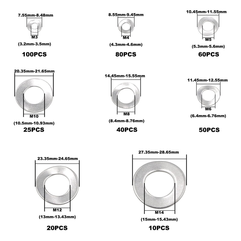 385PCS Metric M3 M4 M5 M6 M8 M10 M12 M14 304 Stainless Steel Wave Spring Washers Assortment Kit