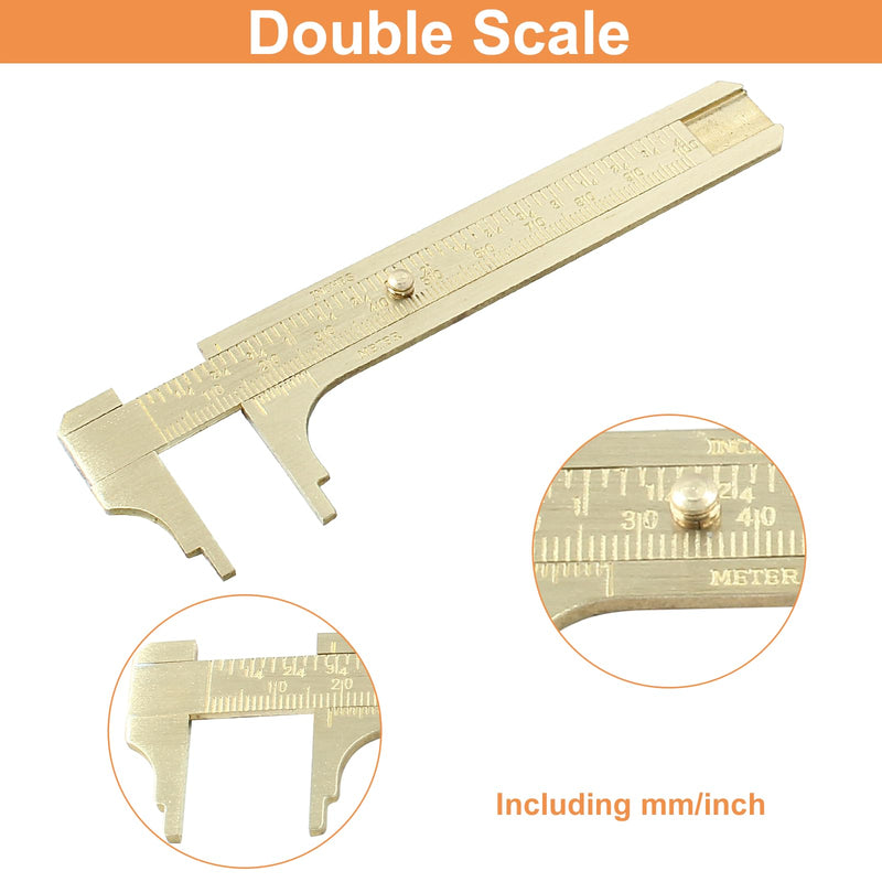 Piutouyar 100mm/4" Pocket Vernier Caliper Ruler, Brass Sliding Gauge Pocket Caliper, Mini Measuring Tool Double Scale mm/inch Metal Handy Caliper