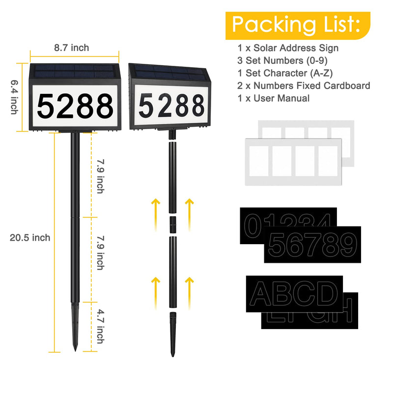 Solar House Numbers for Outside Light up, LED Illuminated Home Number Address Sign Plaque Waterproof for Yard, Wall-Mounted or Floor-Plugged- Black