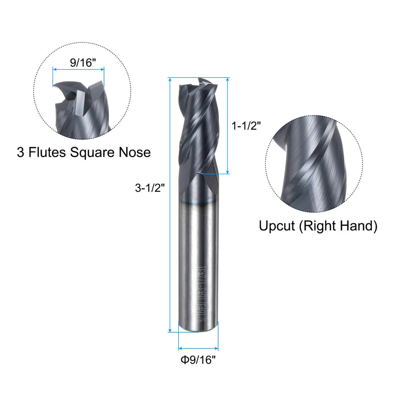 uxcell Carbide Square End Mill, 9/16" Diameter TiAlN Coated 3 Flutes Milling Bit Cutter, for Hardened Steel Stainless Steel Alloy Metal, 9/16" Shank 1-1/2" Cut Length 3-1/2" Long HRC55
