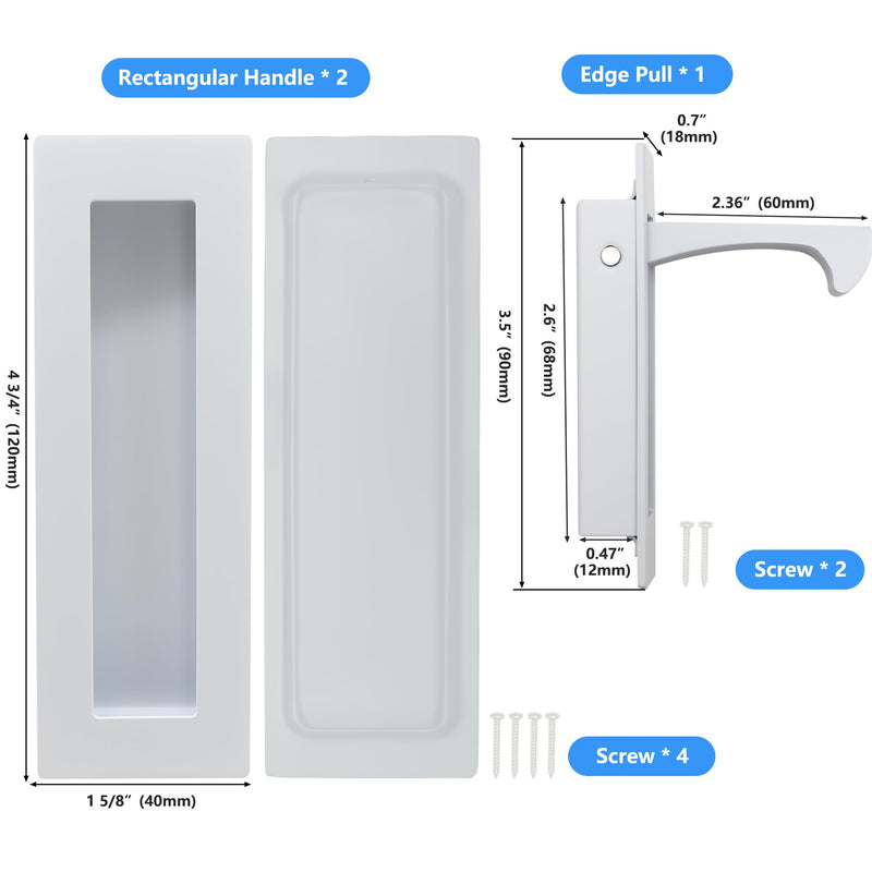 Dontay Pocket Door Handle,Recessed Pull,No Lock Flush Hardware,White,4.72'' 4.72 Inch 4 Set White
