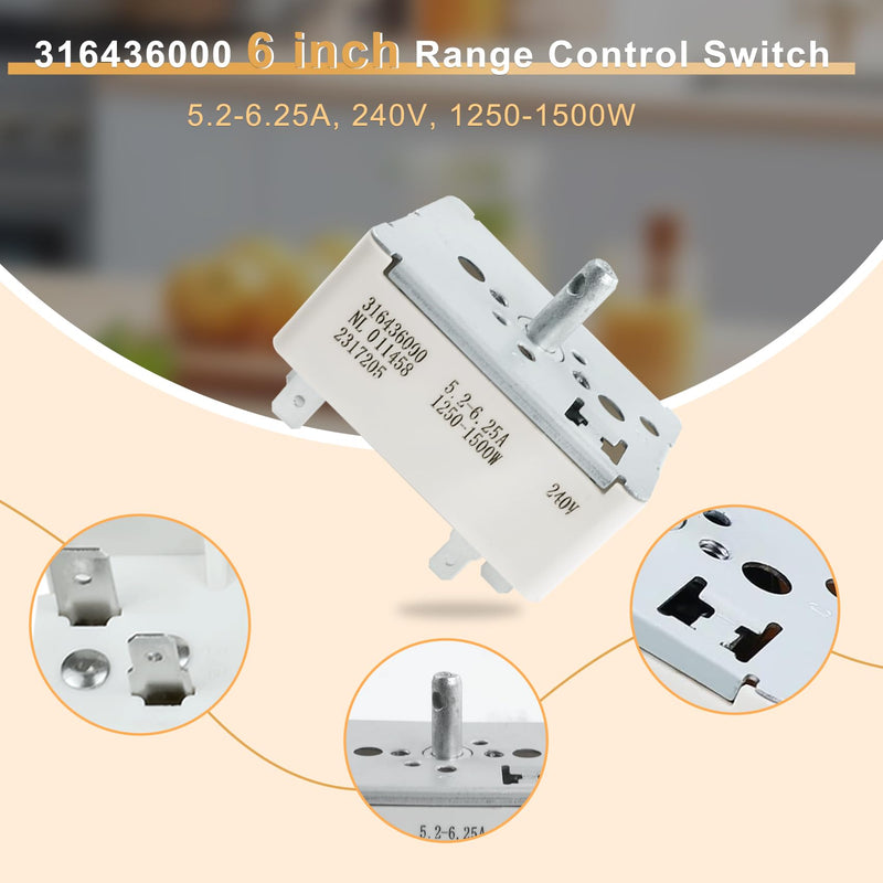 316436000 316021500 Surface Burner Control Switch Fits Frigidaire 6 Inch Range Surface Element Control Switch Replacement Replace Model: 1155394, EA1145039, PS1145039, AH1145039, AP3890378 316436000
