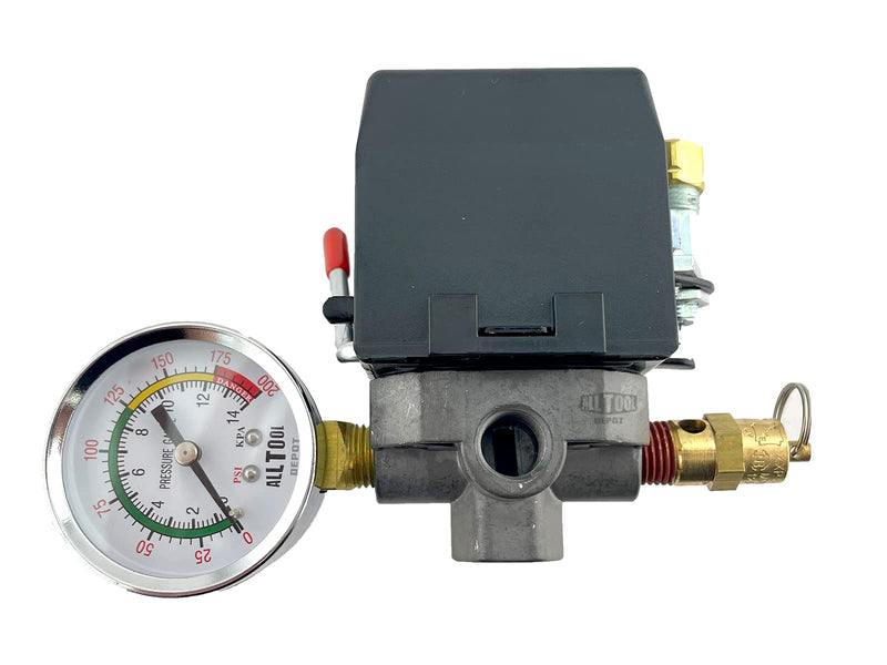 H/D Pressure Switch 4 Ports 95-125 psi w/150 psi Pop Off Valve, 26AMP, 0-200 psi Side Gauge Color Coded