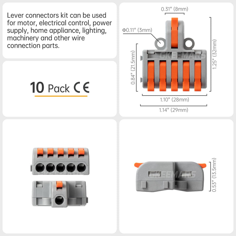 GKEEMARS 10Pcs Mini Electrical Wire Connectors, DIY Splicing into 4/6/8/9/10 Way Butt Terminal Block Connectors (1 in 5 Out, Nylon) 1 in 5 out, nylon