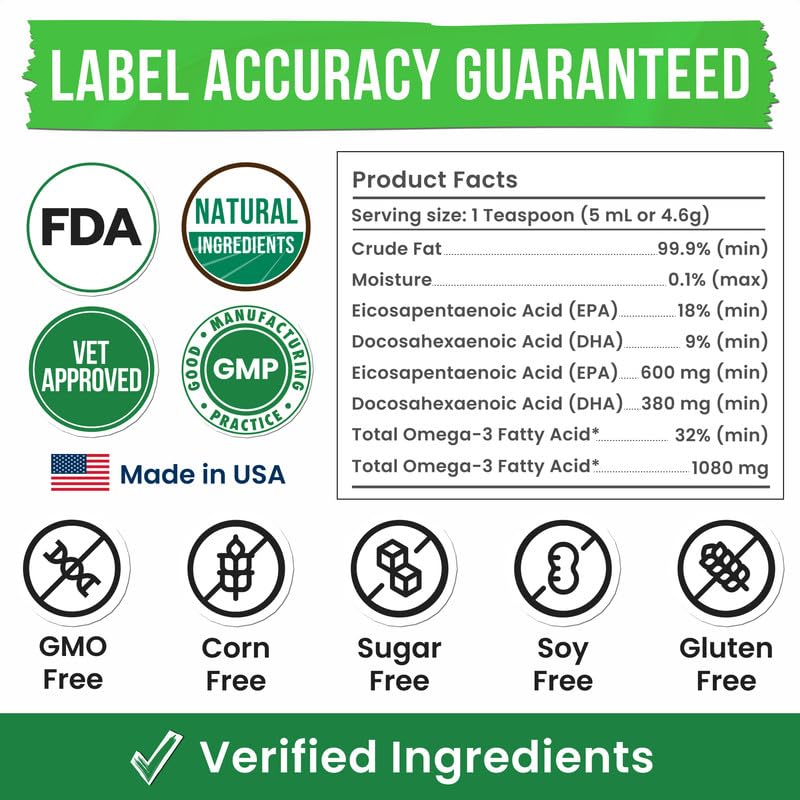 Fish Oil for Dogs & Cats - Natural Omega-3 - Skin & Coat Support - Liquid Food Supplement for Pets - Natural EPA + DHA Fatty Acids for Joint Function, Immune & Heart Health - 8 fl oz Tuna & Krill