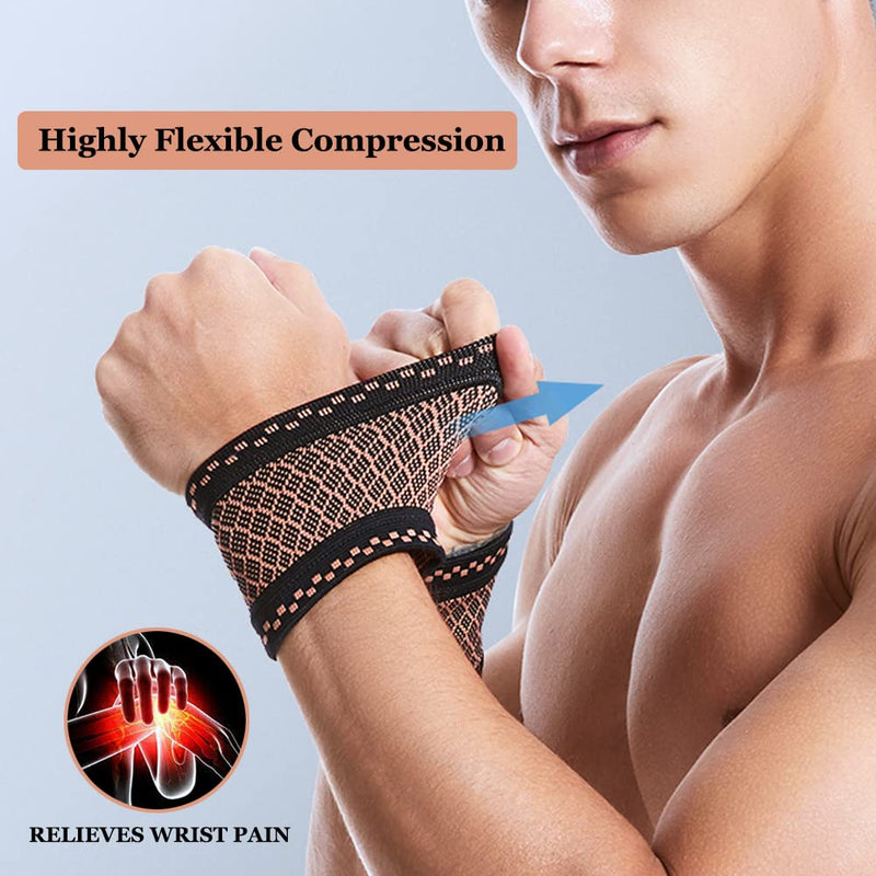 Copper Wrist Compression Brace (2Pcs), Elastic Wrist Support Sleeve Wrist Braces for Tendonitis, Arthritis, Carpal Tunnel Pain Relief, Soft Wrist Wrap Wristbands for Sport, Fitness, Workout, Typing(M) Medium
