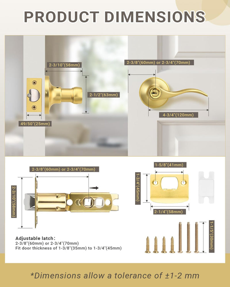 KNOBWELL 2 Pack Gold Door Handle with Lock and Key, Keyed Alike Gold Door Knob for Front/Entrance/Bedroom, Reversible for Left&Right Keyed Entry(Keyed Alike)