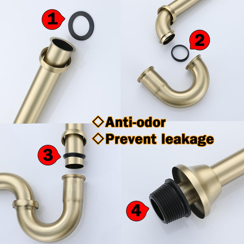 RANDOM Brass P Trap Bathroom Sink U-Shape 1-1/4 inch Sink Trap with Slip Joint Extension Tube,Adjustable Height Sink Waste Drain Bottle P-Trap Kit,Brushed Gold Basin Sink Plumbing.RD83555BG-L Brushed Gold