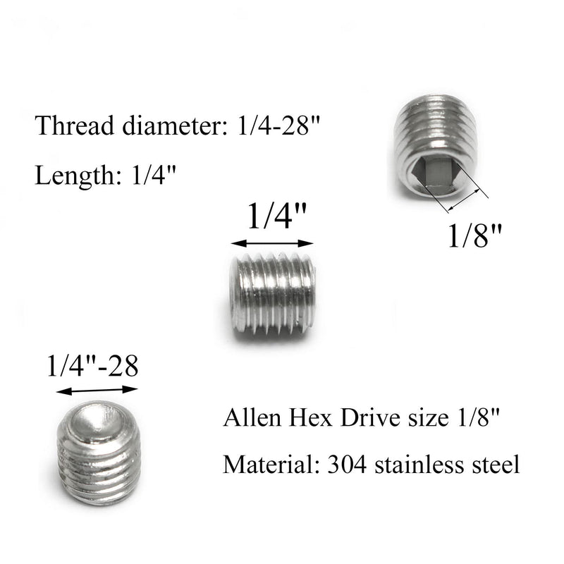 25pcs 1/4-28x1/4" Hexagon Hex Socket Set Screws 304 Stainless Steel Full Thread Cup Point Grub Screws 1/4-28x1/4 inch