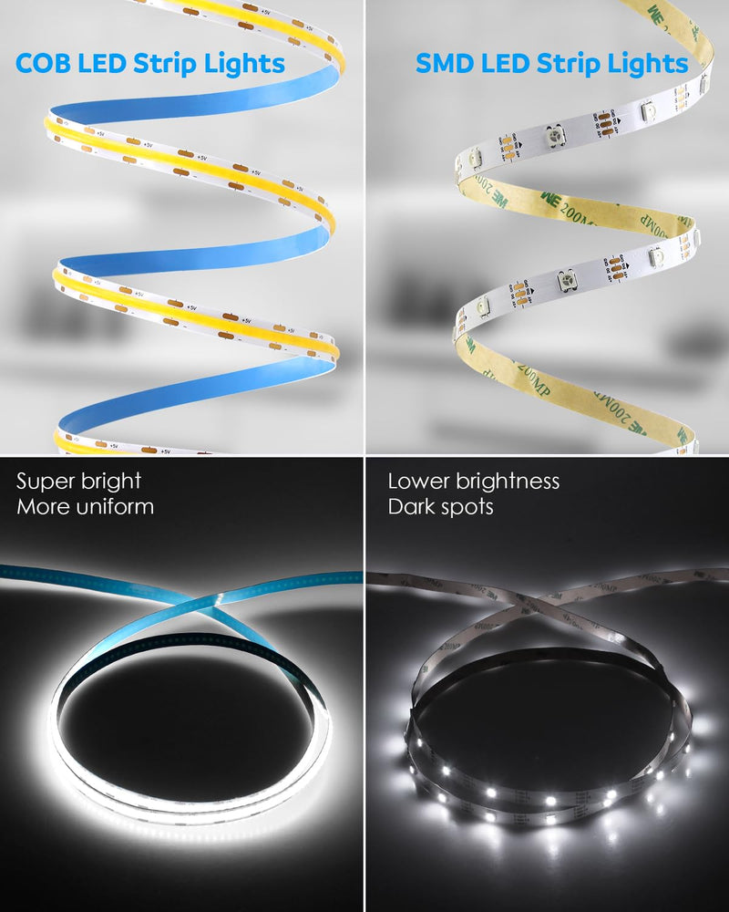 Aclorol USB Led Light Strip COB Led Strip Lights 5V Daylight Cold White 6000K 3.28FT 320Leds Flexible TV Led Lights USB Powered 1M for Under Cabinet Kitchen Living Room Shelving or Displays 1M/3.28FT