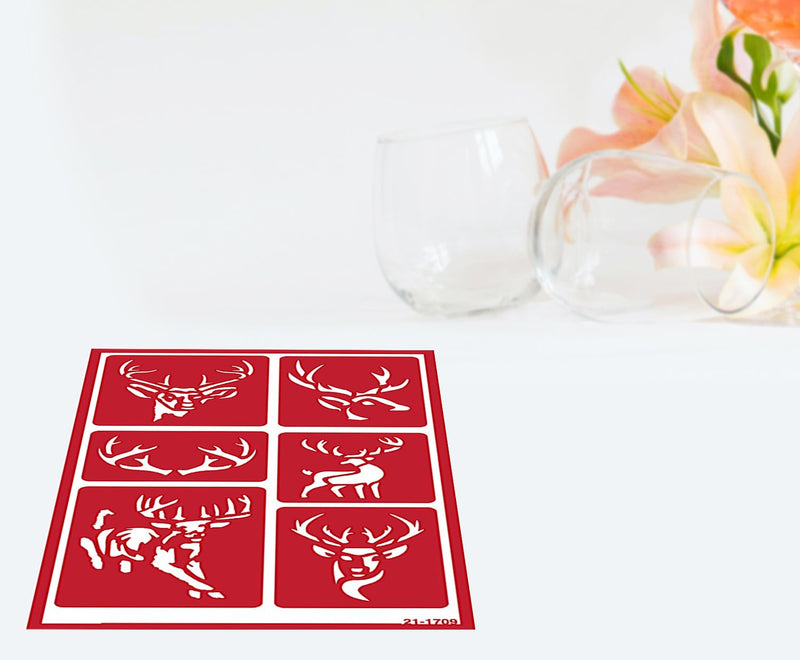 2 Reusable Glass Etching Stencils - Wildlife, Moose, Bear, Wolf, Deer, Antler Etch Themed Stencil - Wild Animal, Deers Theme Design - Set Includes Brush