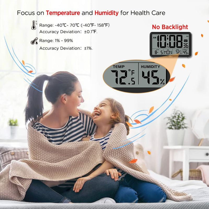 WallarGe Auto Set Digital Wall Clock Battery Operated, Desk Clocks with Temperature, Humidity and Date, Large Display Digital Calendar Alarm Clock for Elderly, Bedroom, Office, 8 Time Zone, Auto DST. Black