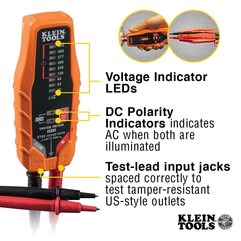Klein Tools ET60 Voltage Tester, Tests AC and DC Voltage and Low Voltage, No Batteries Needed AC/DC Voltage