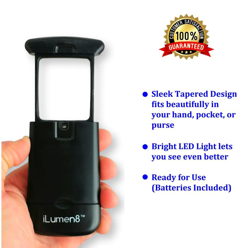 Best Pocket Magnifying Glass by iLumen8-3X Small Magnifier with Lights. Great for Seniors, Kids, Travel. Fits into Purse or Pocket Read Maps, Menu, Jewelry, Coins Hobby Stamps. Lighted Low Vision Aid 1 Magnifier
