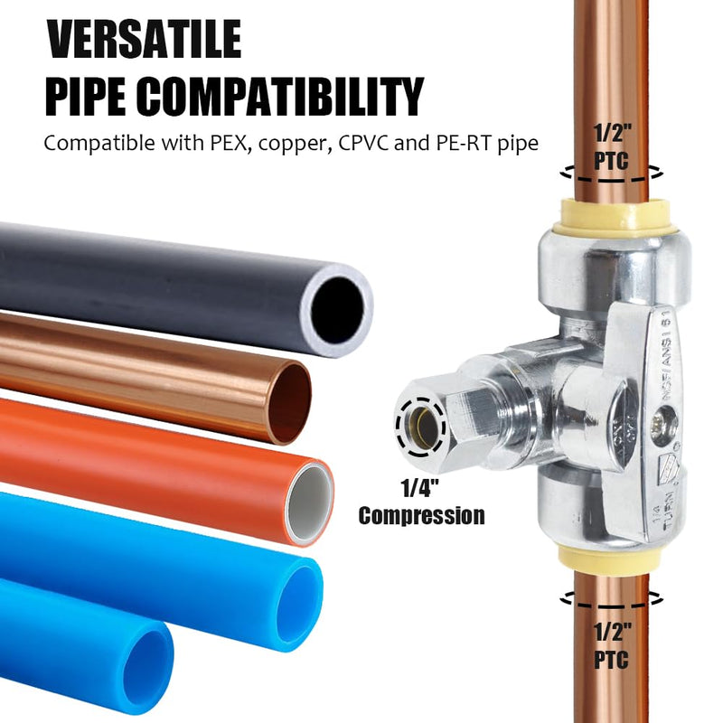 Service Tee Stop Valve, 1/2 Inch x 1/2 Inch x 1/4 Inch, 1/4 Turn, Compression Service Stop Fitting, Water Valve Shut Off, Push-to-Connect, PEX, Copper, CPVC, PE-RT