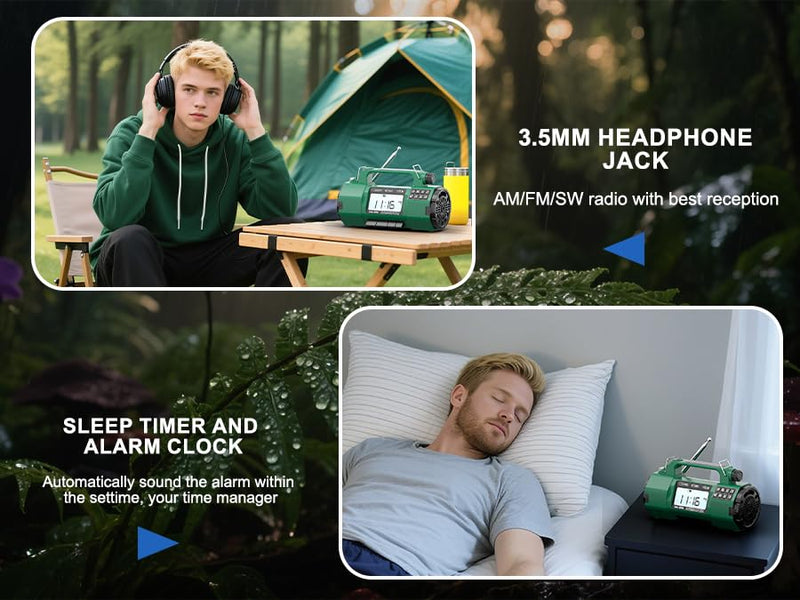 Emergency NOAA Weather Alert Radio, 5000mAh AM/FM Portable Radio with Solar, Hand Crank & AC Power, Replaceable Battery, Flashlight, SOS Alarm, Clock & Headphone Jack for Home & Outdoor Emergencies green Classic