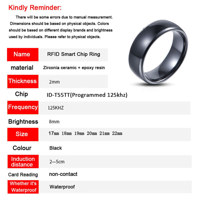 T5577 chip RFID Black Ceramics Smart Finger rewrite Ring ID Wear for Men or Women (Programmed 125khz-12#) Programmed 125khz-12#