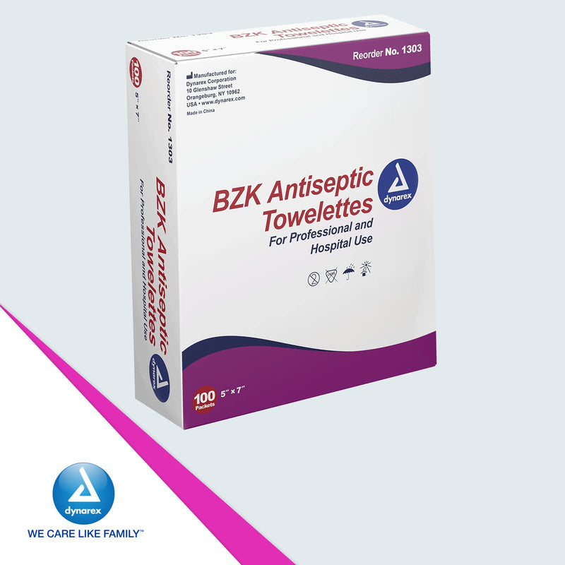 Dynarex BZK Antiseptic Towelettes, Moist Sanitizing Towelettes Designed to Help Clean Minor Wounds, 5" x 7", Disposable & Individually Wrapped, 1 Box of 100