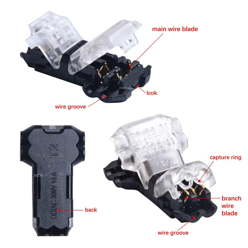 2 Pin T Connector for 22/20/18 AWG Wiring,Max DC/AC 300V 10A,IDC Self Stripping,T Tap Wire Splicer to Connect Branches to Main Wire,Car,LED Lighting,Video/Audio,and More,Clear Cover,10 PCS