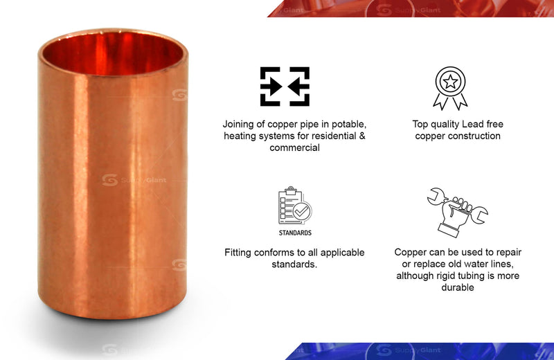 Supply Giant DDDM0200-5 Straight Copper Coupling Fittings With Sweat Ends, 2 Inch Pack Of 5