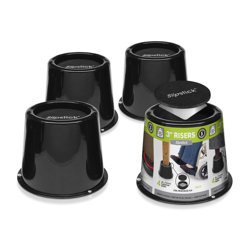 Slipstick CB672 Premium 3 Inch Bed Risers/Furniture Raisers with Steel Reinforced Caster Wheel Holder Top, Lifts Height 3" (4 Pack) Supports 2,640 Pounds, Black, Stackable with CB671 4 Pack 3 Inch Black