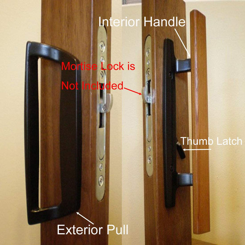 Mortise Style Reversible Sliding Patio Door Handle Set with Oak Wood Interior Handle and Exterior Pull in White Diecast Finish Fits 3-15/16” Screw Hole Spacing, Non-keyed with Latch Locks (Black) Black