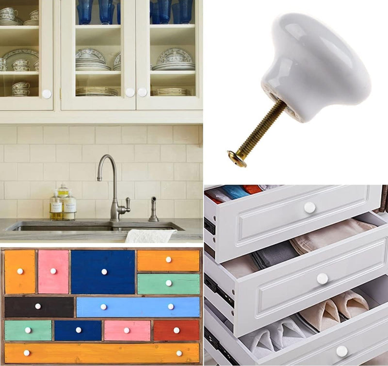 4X White Door Knob Cabinet Retro Round Ceramic Drawer Cupboard Kitchen Dresser Pull Handle Knobs 32mm/1.25" with 3-Sized Screws 4pack