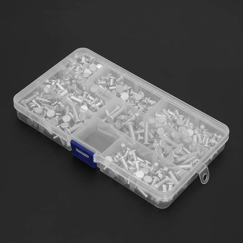 Solid Rivet Kit M4 Flat Head, 350Pcs Aluminum Rivets Assortment Kit, Multiple Aluminum Rivets Length 4/6/8/10/12/16/20mm, Solid Rivets Assortment Kit with Plastic Box