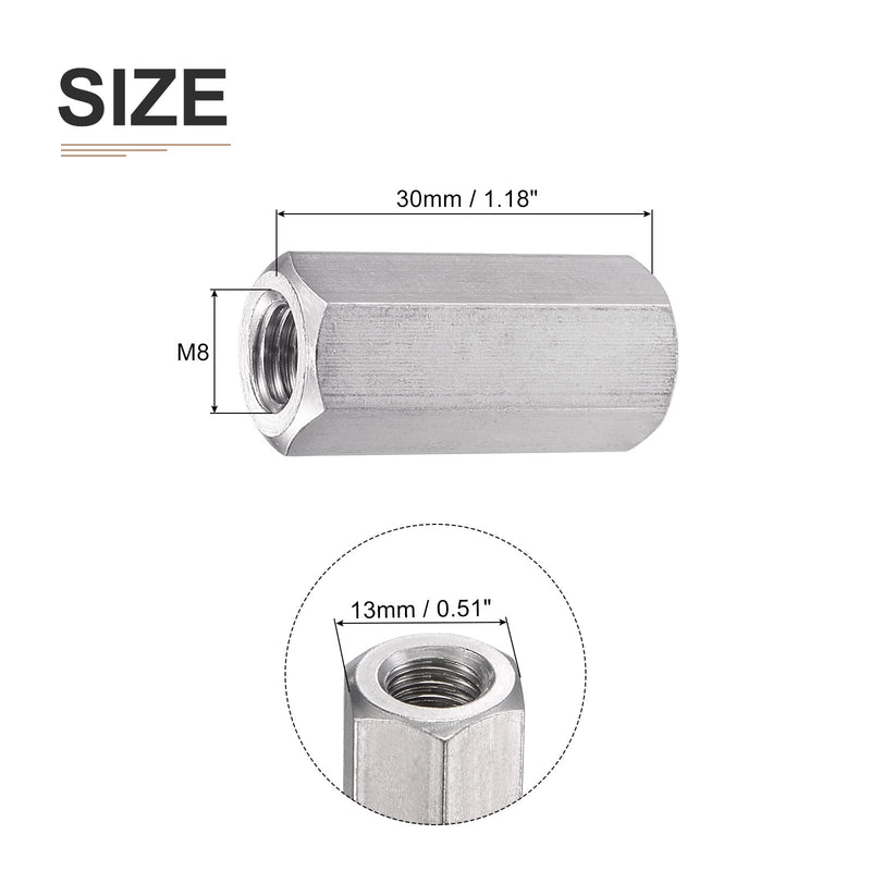 M8x1.25mmx30mm(DxPxH) Hex Coupling Nuts - 10Pack - Good for Home Garage Repairs - 304 Stainless Steel Polishing Rod Coupling Nuts - Silver Tone M8x1.25mmx30mm 10