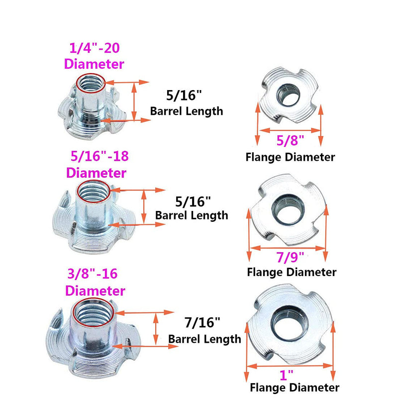 T Nuts 3/8"-16,Hincell 25pcs Zinc Plated Steel T-Nut 4 Pronged Tee Blind Nuts Assortment Kit for Wood, Rock Climbing Holds, Cabinetry, Furniture,etc. 3/8"-16(25pcs)