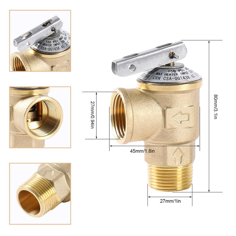 150PSI Temperature and Pressure Relief Valve 3/4" NPT Threaded, Push to Connect Brass Plumbing Fittings, Copper