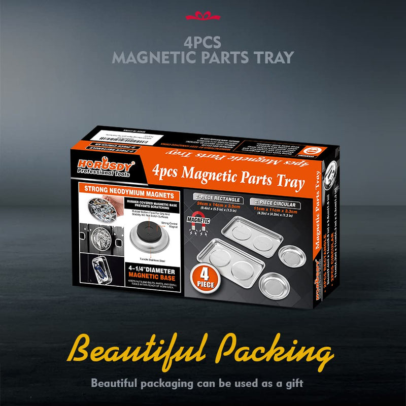 HORUSDY 4-Piece Large Magnetic Parts Tray Set, Stainless Steel Heavy Duty 9.5" W x 5.5''L Square and 4.5" Round Magnetic Trays Tools Parts Tray