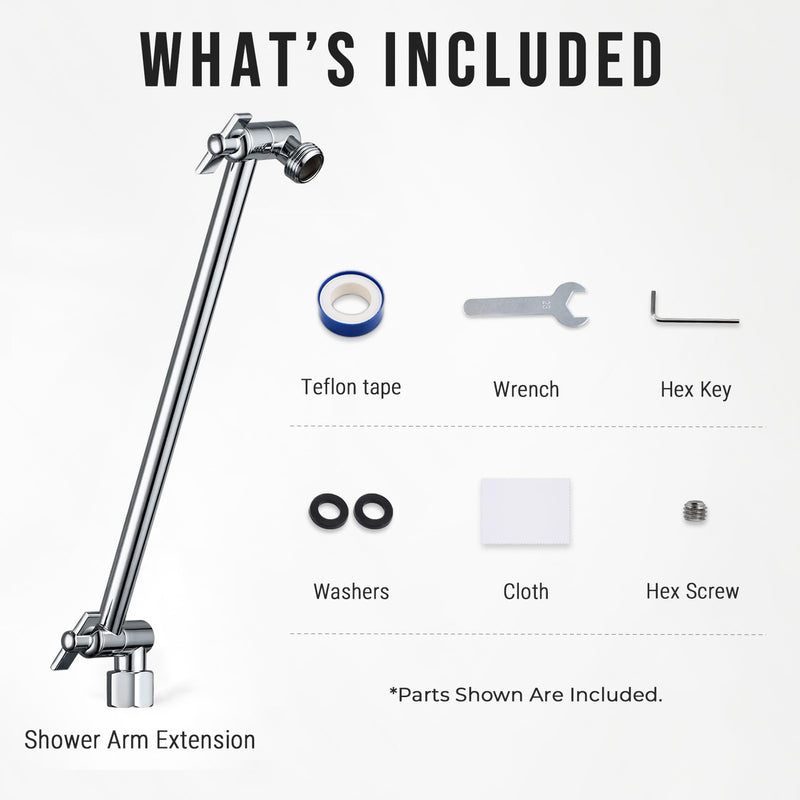 G-Promise 13.5 Inch All Metal Shower Head Extension Arm, Adjustable Extender with Locking Screw for Rise or Lower Rainfall and Fixed Shower Head, Universal G1/2 Connector Replacement Part (Chrome) Chrome