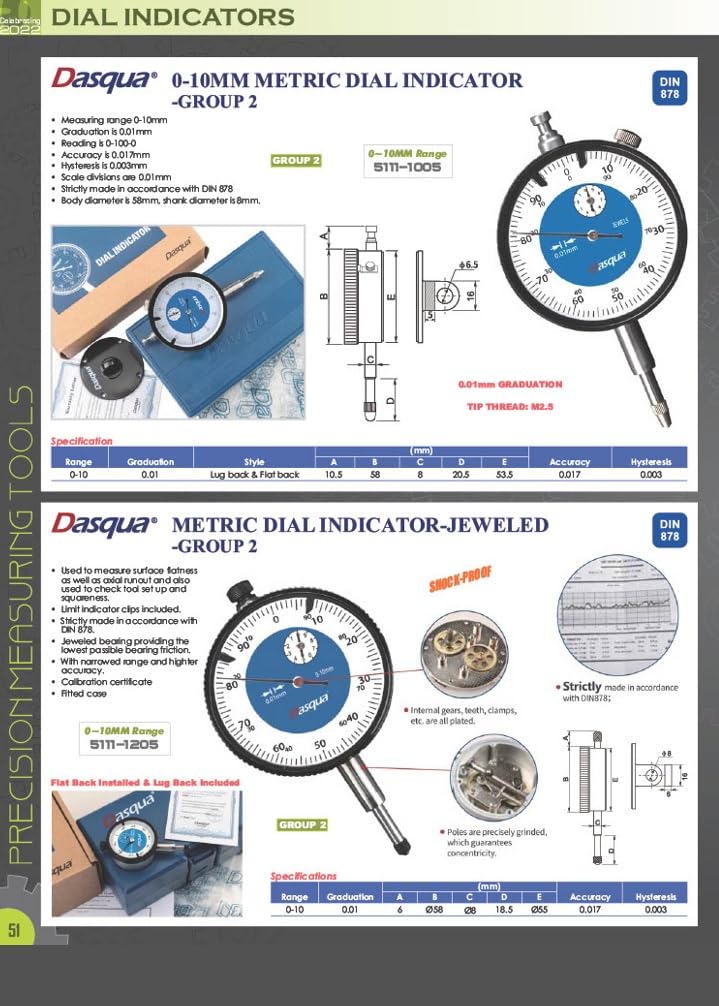 4409-1111 Shockproof Dial Indicator, 0-10 mm Range, 01 mm Graduation, 0-100-0 Reading, 0-10 mm Metric Dial Indicator