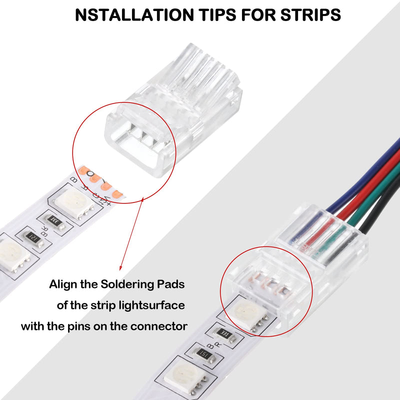 Flutesan 20 Pcs 4 Pin 10 mm LED Strip Connector RGB Lights Waterproof Adapter 22 AWG Wires Connector for Strip Light Unwired Gapless Track 5v 12v 24v 4 Pin, 10 mm