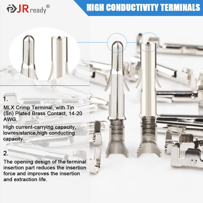 JRready ST6423 MLX 2.13mm Diameter Crimp Terminals, Pin and Sockets 14-20AWG, Compatible with Molex MLX Male & Female Crimp Terminals (50 Pair)