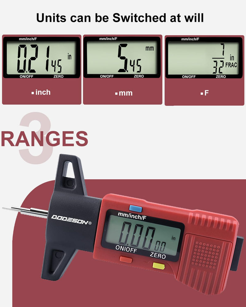 GODESON Red Digital Tire Tread Depth Gauge - 3 Modes (Fractional/Decimal Inch/Millimeter), Zeroable & Accurate, LCD Display,Tire Tread Measure Tool for Cars, Motorcycles, SUV, Trucks & Vans