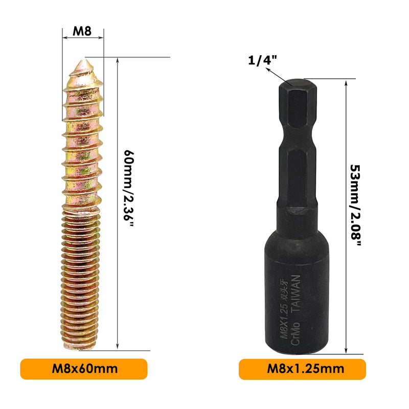 10pcs M8x60mm Hanger Bolts Double Headed Bolts Screw Kit,Self-Tapping Hanger Bolts Screw for Wood Furniture,with 1pcs M8x1.25mm Driver, Zinc-plated surface