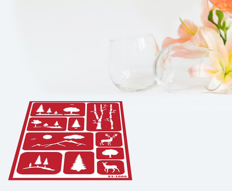 3 Reusable Glass Etching Stencils - Farmhouse, Farm Animal, Pets, Forest, Tree Theme - Designs: Rooster, Chicken, Cow, Pig, Dog, Cat, Paw - Set Includes Brush, Total 4 Items
