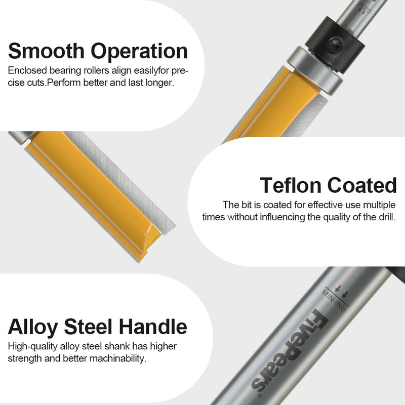 FivePears Pattern Flush Trim Router Bit 1/4 Inch Shank, 1/2 Inch Cutting Diameter, 1/2 Inch Cutting Length, Top Bearing Flush Straight Cut Trim Router Bit for Woodworking Shank Size: 1/4" Cutting Diameter: 1/2" 1/2" Dia - 1/2" CL - 1/4" Shank