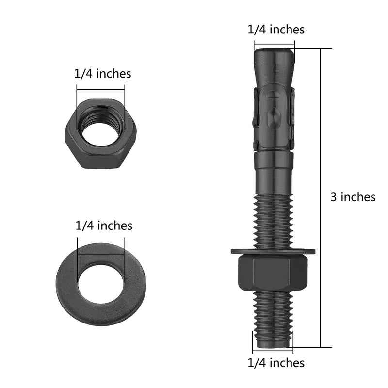 10Pcs 1/4x3 Inch Standard Fasteners for Heavy-Duty Black Wedge Anchors for Cement and Concrete 1/4*3" 10