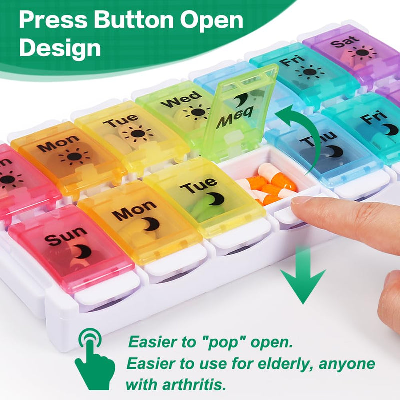 Shintop Am Pm Pill Organizer 7 Day, Push Button Weekly Pill Box 2 Times a Day Easy Fill Pill Holder Day Night Vitamin Case for Medications Fish Oil Supplements (Rainbow) Rainbow