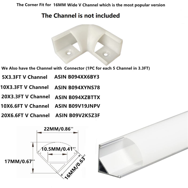 8-Pack 16MM Wide V Shape LED Strip Channel 90 Degree White Connector,Under Cabinet 45 Curved Cover profile Corner Kit,Inner Right Angle Turning link Solution With Mounting Kit (White)