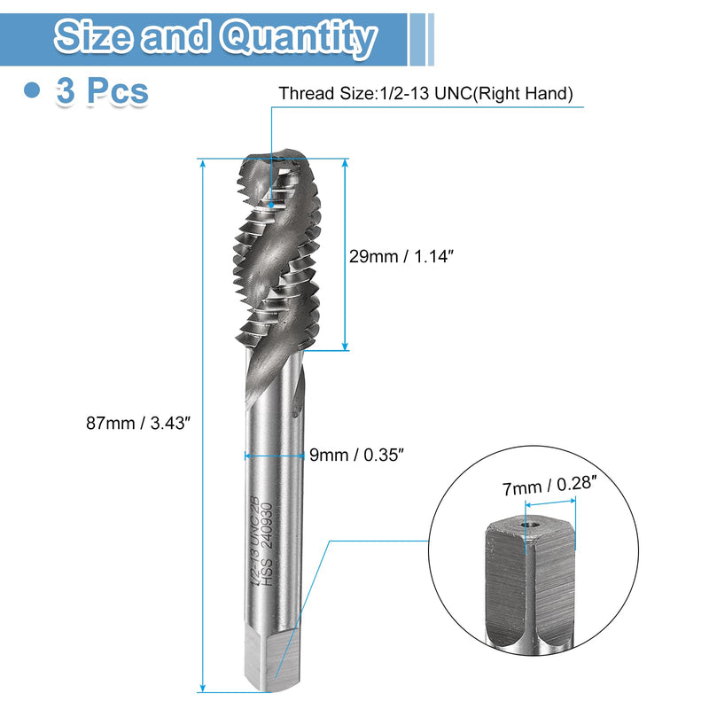 uxcell 3pcs Spiral Flute Thread Taps 1/2-13 UNC 2B Machine Threading Tap Bit, Uncoated Screw Tapping Repair Tool, M2 High-Speed Steel (HSS)