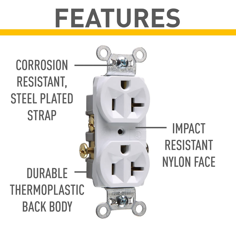 Legrand Pass & Seymour CR20WCC12 20 Amp Commercial Specification Grade Duplex Receptacle Outlet, Side Wire, White (1 Count)